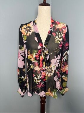 Express Women’s Black/Pink Floral Sheer Tie-Front Blouse Sz M